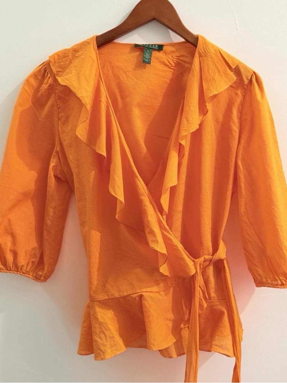🍊 Lauren Ralph Lauren Tangerine Orange Ruffle Wrap Blouse - Size L 🍊